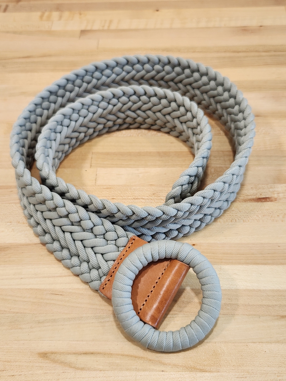 J.Crew Grey Woven Braided Cord Belt S/M Tan Leather Trim Round Buckle Boho